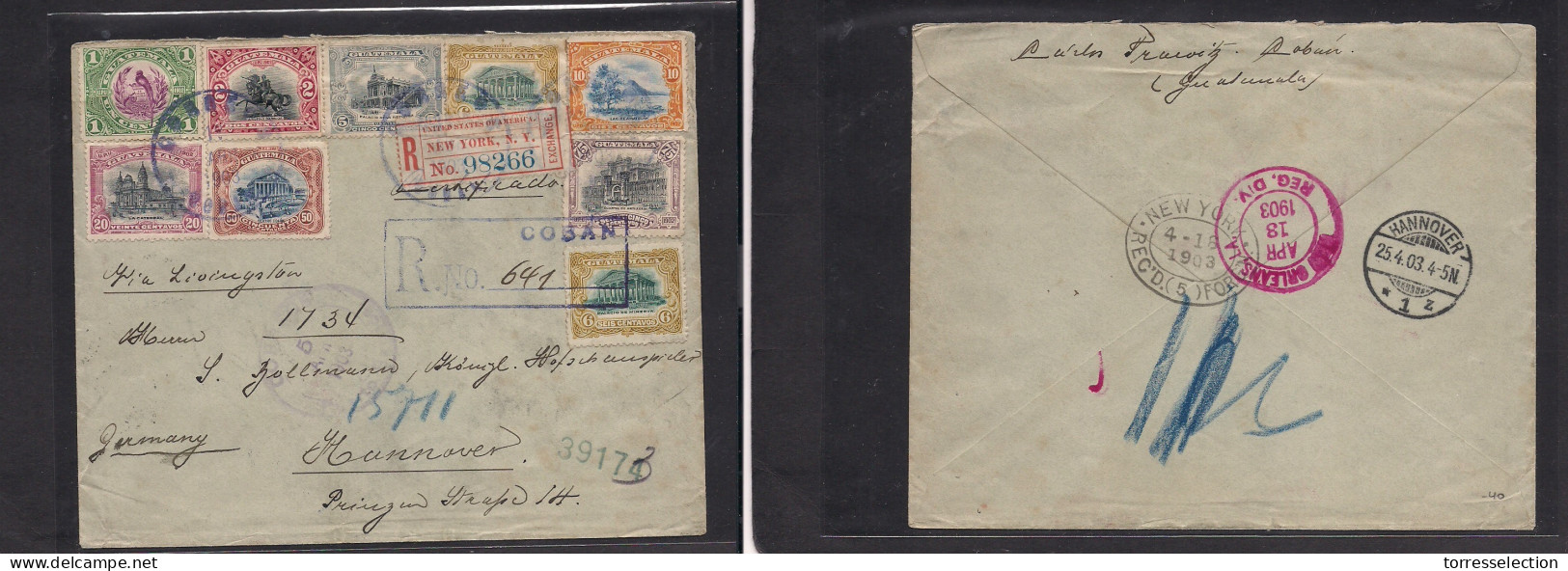 GUATEMALA. 1903 (5 Apr) Coban - Germany, Hannover (25 April) Registered Multifkd Envelope Via USA. VF. - Guatemala