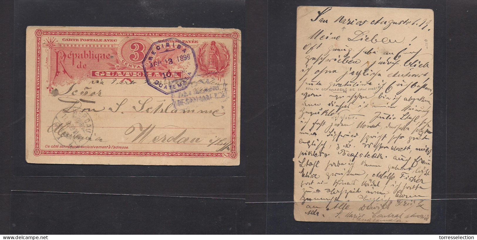 GUATEMALA. 1899 (6 Aug) San Marcos - Germany, Werdau (11 Sept) 3c Reply Half Red Stat Card With Rare "Adm De Correos De  - Guatemala