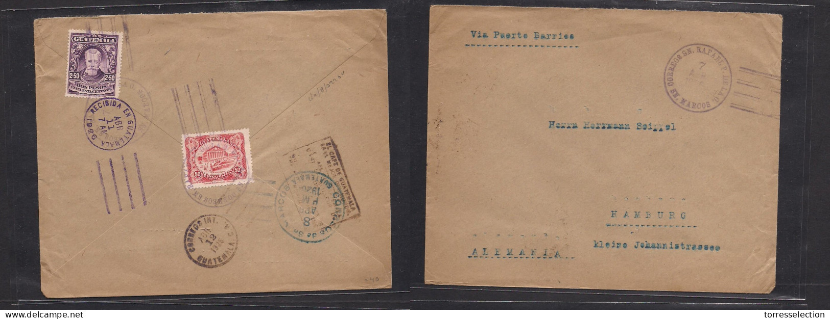GUATEMALA. 1926 (8 Apr) San Marcos - Germany, Hamburg Via Puerto Barrios. Reverse Multifkd Env. Fine Town Overseas Mail  - Guatemala