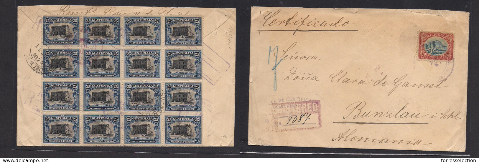 GUATEMALA. 1920 (Oct - Nov) GPO - Germany, Bunzlau. Registered Reverse And Front Multifkd Env, Incl Block Of 16 X 25c Bl - Guatemala