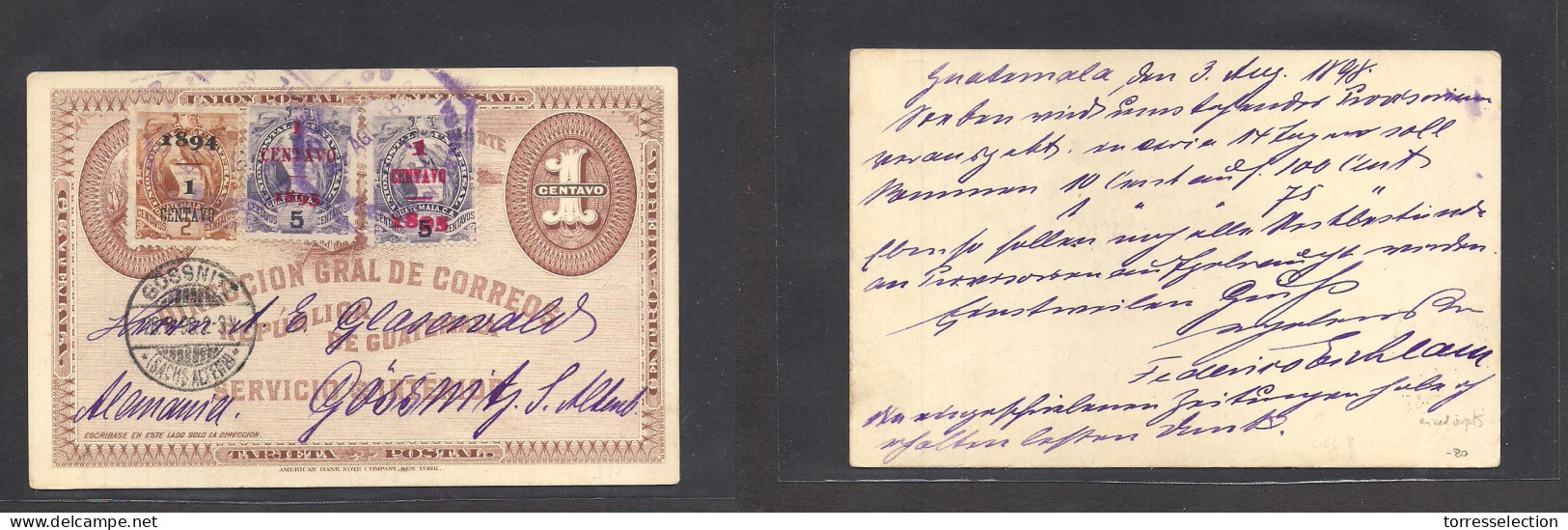 GUATEMALA. 1898 (3 Aug) GPO - Germany, Gossnitz (28 Aug) 1c Illustr Stat Card + 3 Adtl Stamps Provision 1894-5 Issues, T - Guatemala