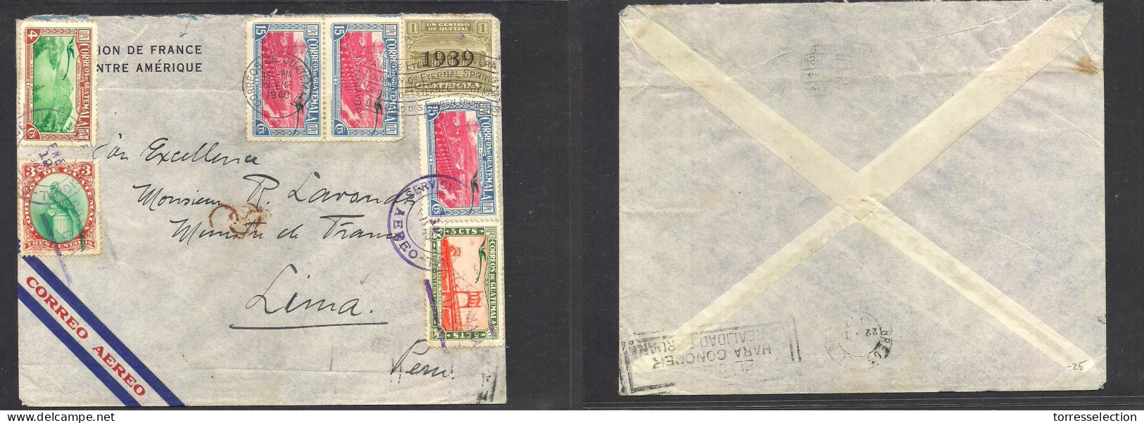 GUATEMALA. 1940 (19 Enero) GPO - Lima, Peru (22 Jan) French Diplomatic Mail. Air Multifkd Env. Fine Better Scarce Dest. - Guatemala