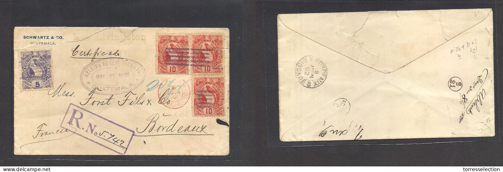 GUATEMALA. 1892 (11 May) GPO - Bordeaux, France (9 June) Registered Multifkd Env At 35c Rated, Lilac Grills + Oval Lilac - Guatemala