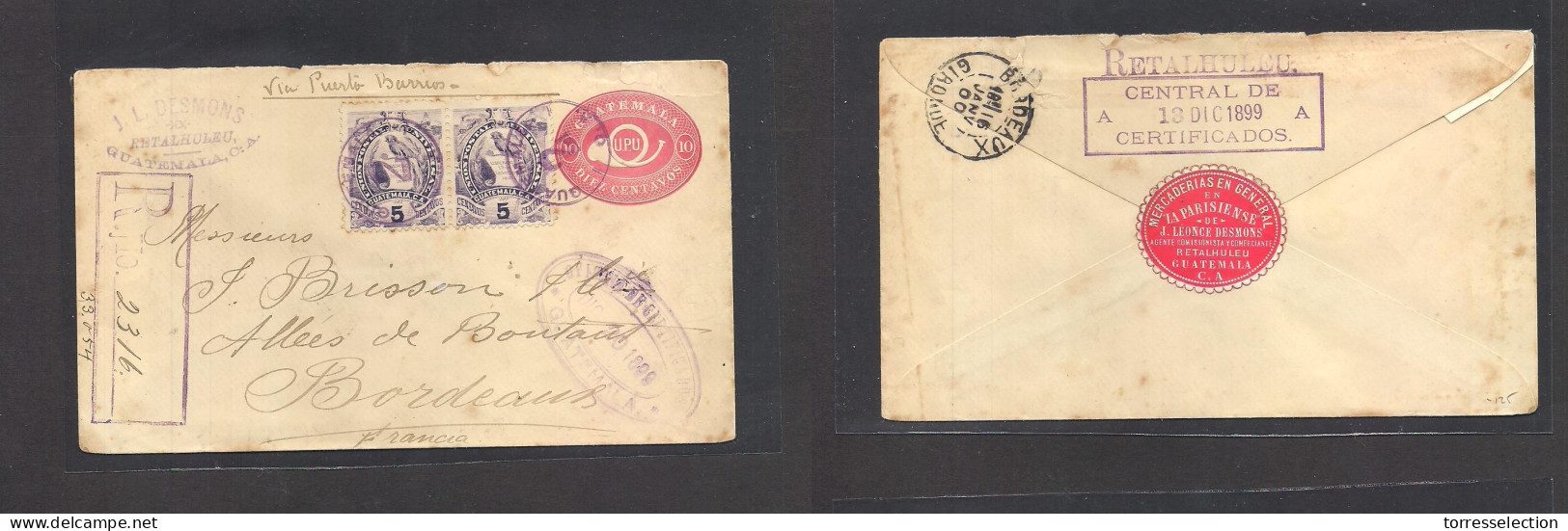 GUATEMALA. 1899 (20 Dic) Retalhuleu - France, Bordeaux (16 Jan 1900) Registered 10c Red Stat Env + 2 Adtls, Tied "2" GPO - Guatemala