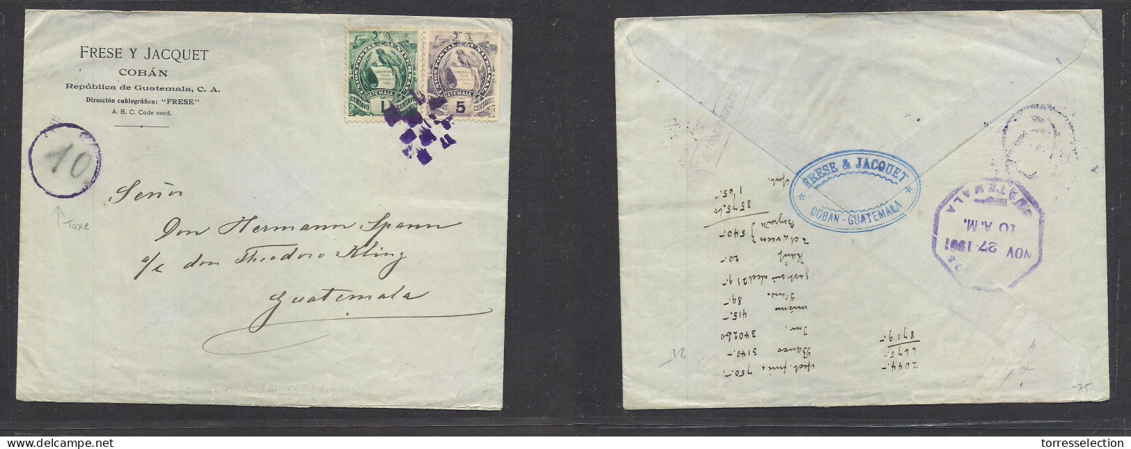 GUATEMALA. 1901 (27 Nov) Coban - Guatemala. Local Private Business 6c Rate Fkd Envelope Cork Violet Cachet + Circular Ri - Guatemala