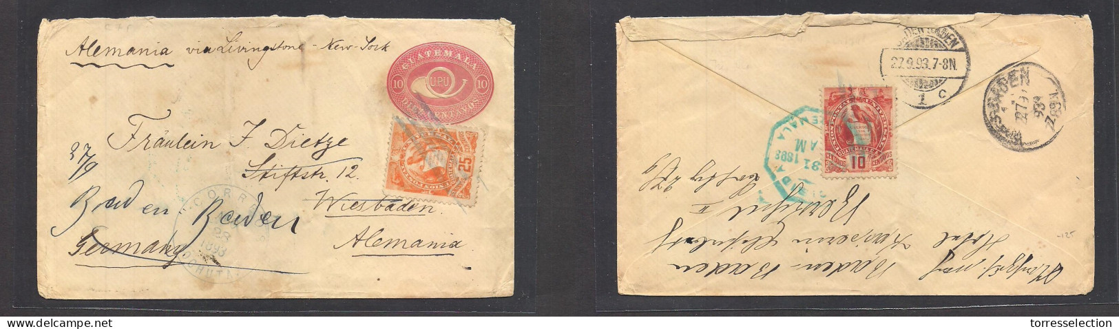 GUATEMALA. 1893 (28 Aug) Pochuta - Germany, Wiesbaden (27 Sept) 10c Red Stat Env + 2 Adtls (f+r). Scarce Usage Origin. - Guatemala