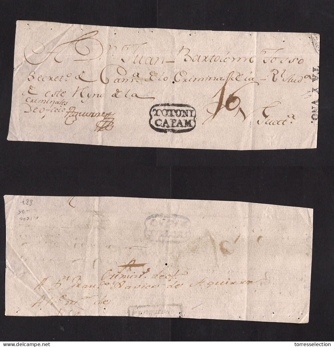 GUATEMALA. C. 1800. Totonicapam - Nueva Guat. Colonial Front With Depart Doble Line Town Usage (xxx) + Mns Postal Desk O - Guatemala