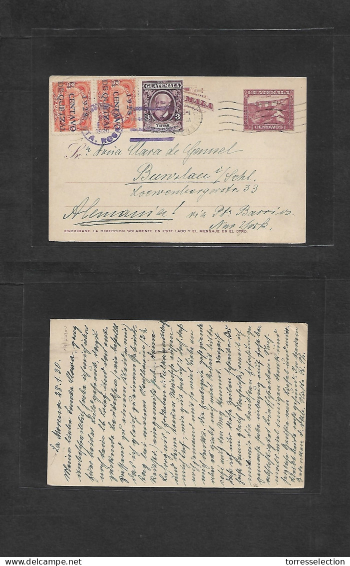 GUATEMALA. 1930 (28 Jan) La Morena, Sta. Rosa - Germany, Bunzlan. 30c Brown Lilac Stat Card + Three Adtls, Rolling Cache - Guatemala