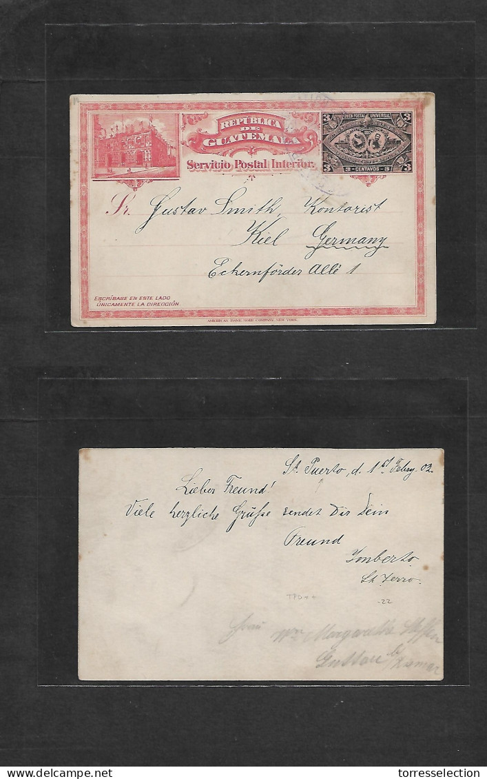 GUATEMALA. 1902 (1 Feb) St. Puerto - Germany, Kiel. 3c Stat Card Oval Violet TPO Cachet. Scarce. - Guatemala