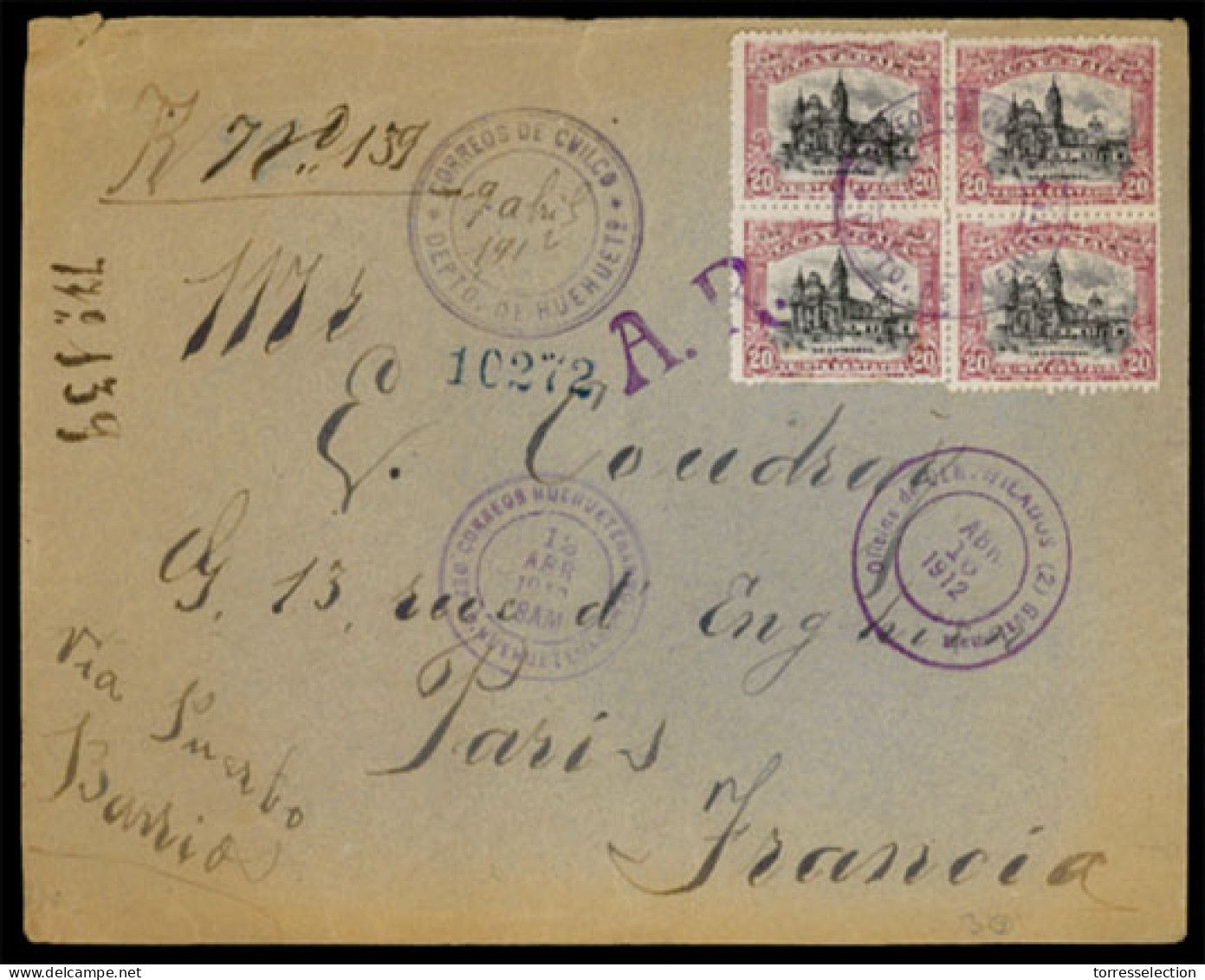 GUATEMALA. 1912(April 15th). Registered-AR Cover To Paris From Chilco Franked By Four 1902 Rose Lilac & Black Tied By Vi - Guatemala