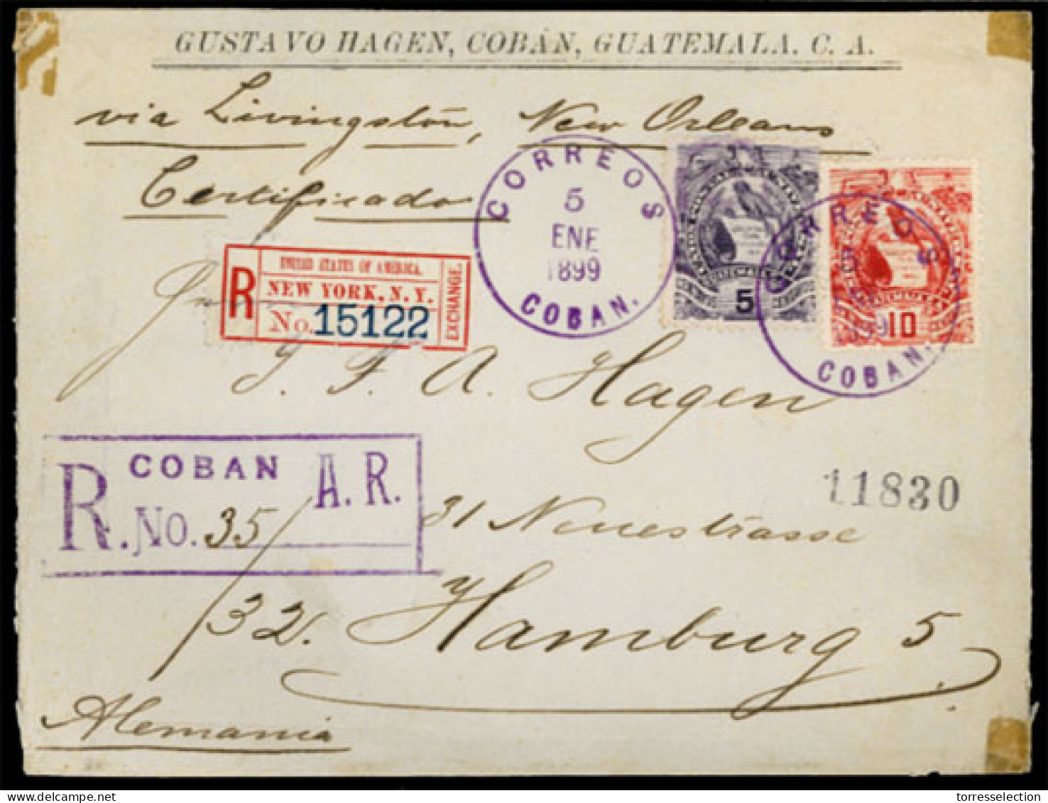 GUATEMALA. 1899(Jan 5th). Registered-AR Cover To Hamburg Franked By 1886-96 5c Purple Type II And 10c Red Tied By COBAN  - Guatemala