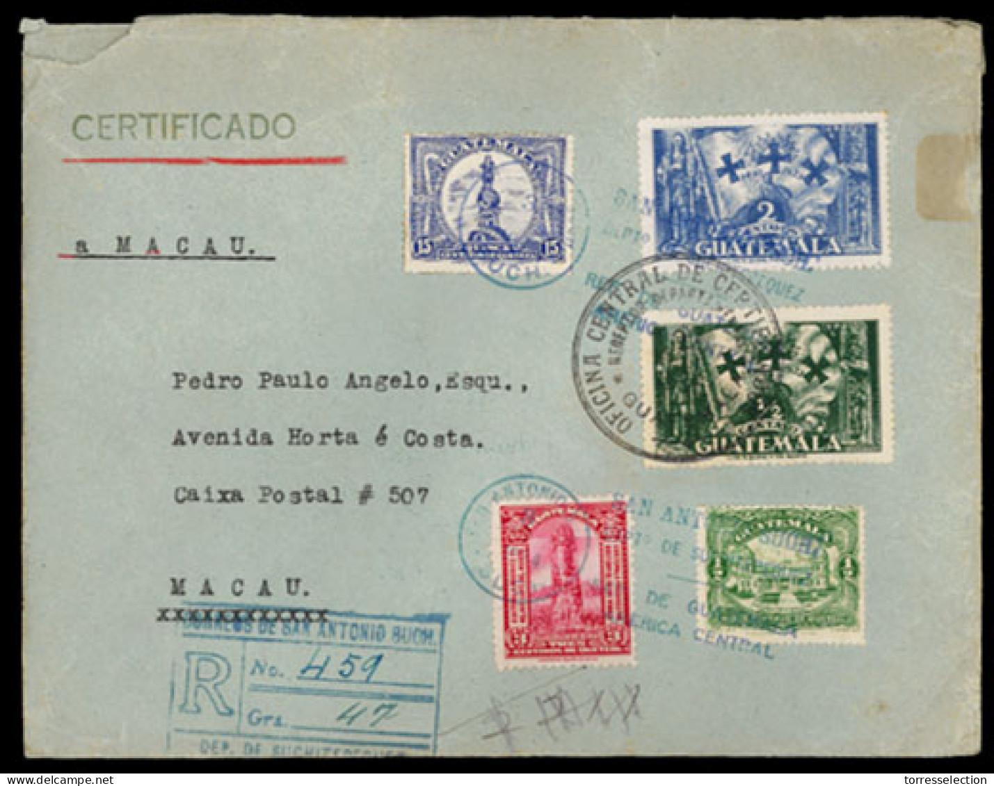 GUATEMALA. 1934. San Antonio Buch To Macau (!). Registered Franked Envelope. Extra Rare Destination. - Guatemala