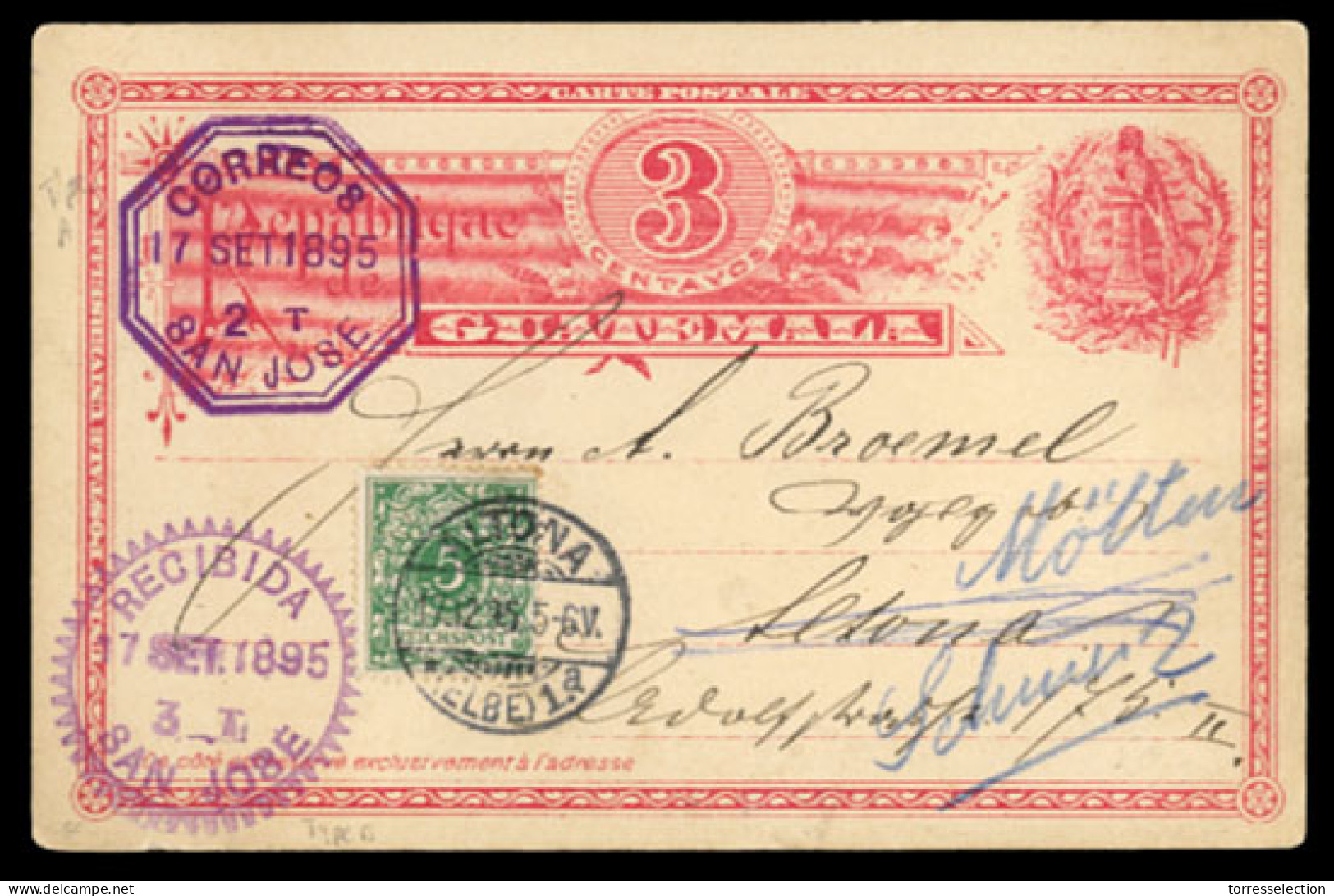 GUATEMALA. 1895(Sept 17th). 3c Red Quetzal Stationery Card Used From San Jose With Excellent Strike Of Octagonal Violet  - Guatemala