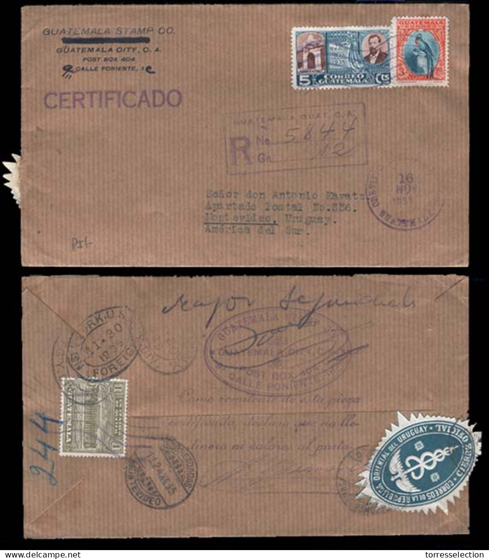 GUATEMALA. 1938. Guatemala To Montevideo/Uruguay. Registered Franked Envelope Bearing On Reverse Official URUGUAY SEAL,  - Guatemala