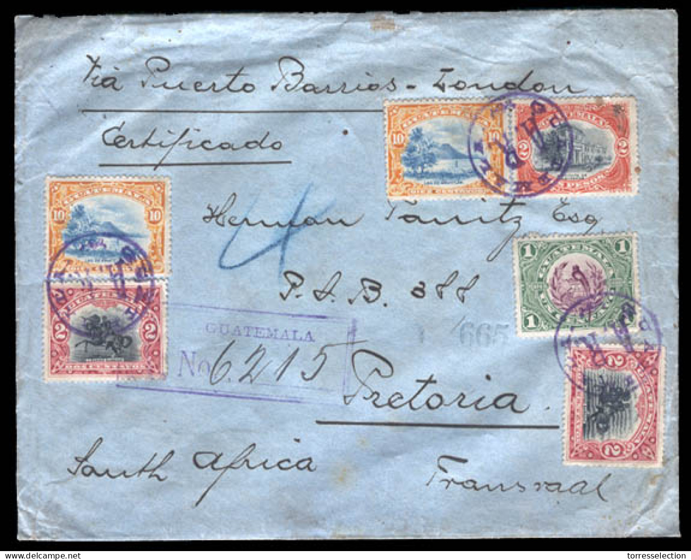 GUATEMALA. 1905. Guatemala To Pretoria-Transvaal-South Africa. AR Registered Multicolor Franking "AR" Cancelled Via Lond - Guatemala