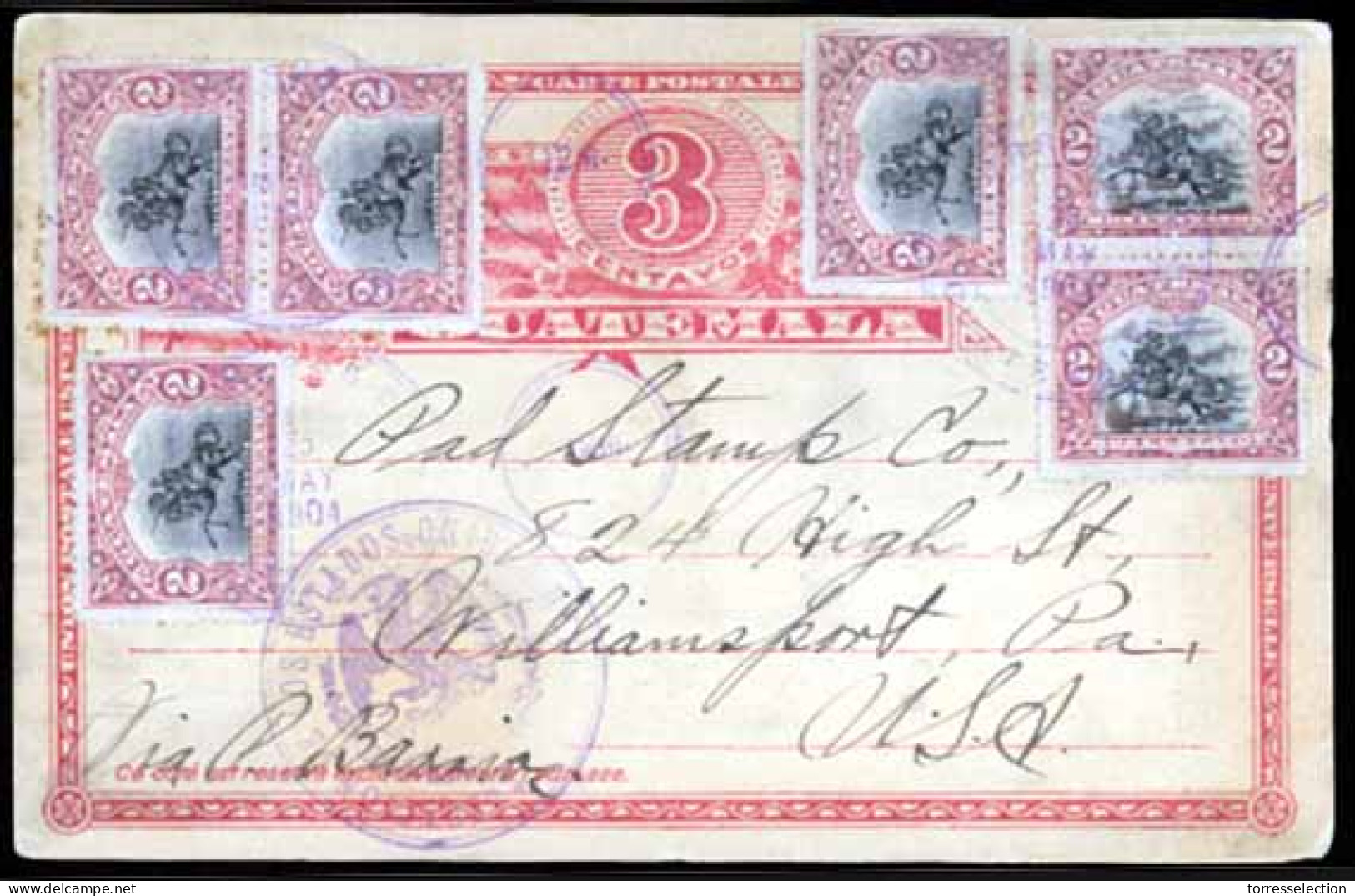 GUATEMALA. 1903 (May 18). 3c Red Stationery Card Used To USA And Up-rated With Six Examples Of The 1902 2c Black & Pale  - Guatemala