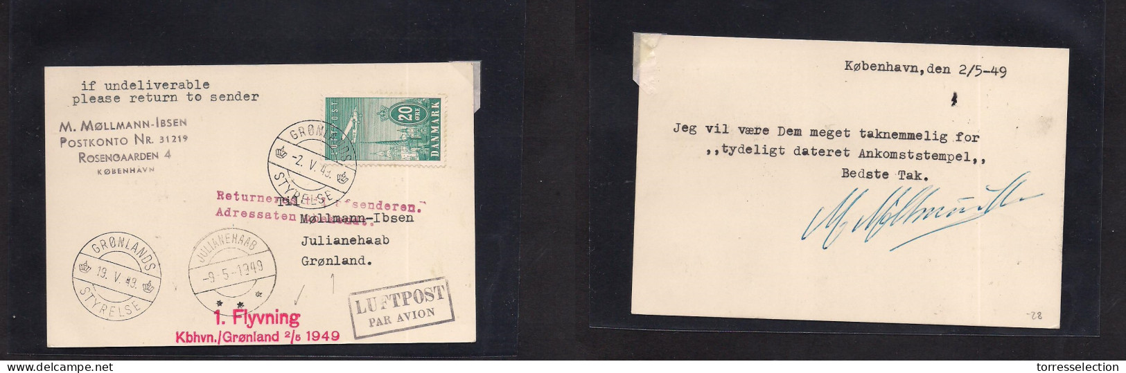 GREENLAND. 1949 (9 May) First Flight. Greenland - Denmark. Fkd Postcard With Text. Fine. - Sonstige & Ohne Zuordnung