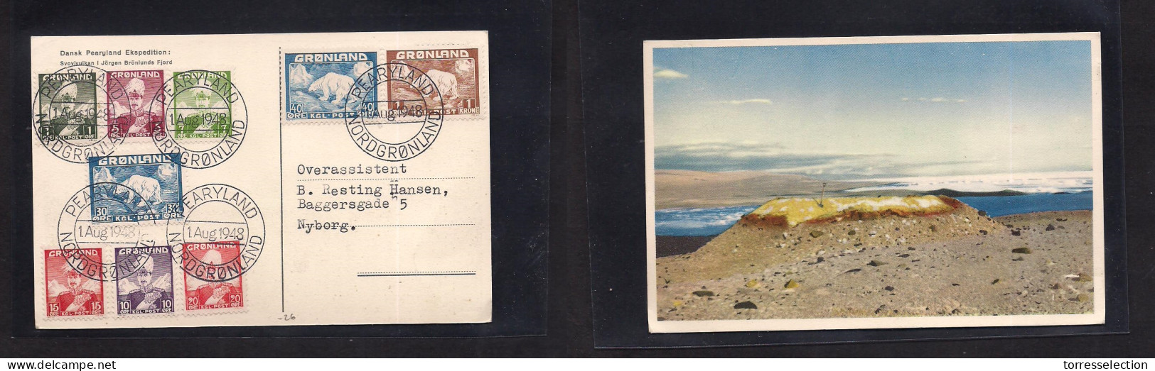 GREENLAND. 1948 (1 Aug) Pearyland - Nyborg, Denmark. Multifkd Color Local Ppc. VF. - Sonstige & Ohne Zuordnung