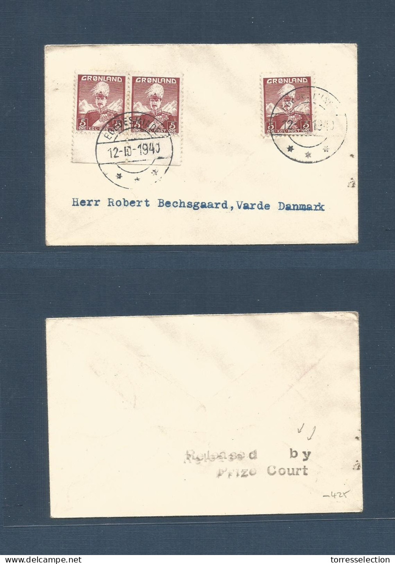 GREENLAND. 1940 (12 Oct) Egedesminde - Denmark, Varde. Multifkd Envelope + Reverse. "Released By PRIZE COURT" Due To War - Sonstige & Ohne Zuordnung