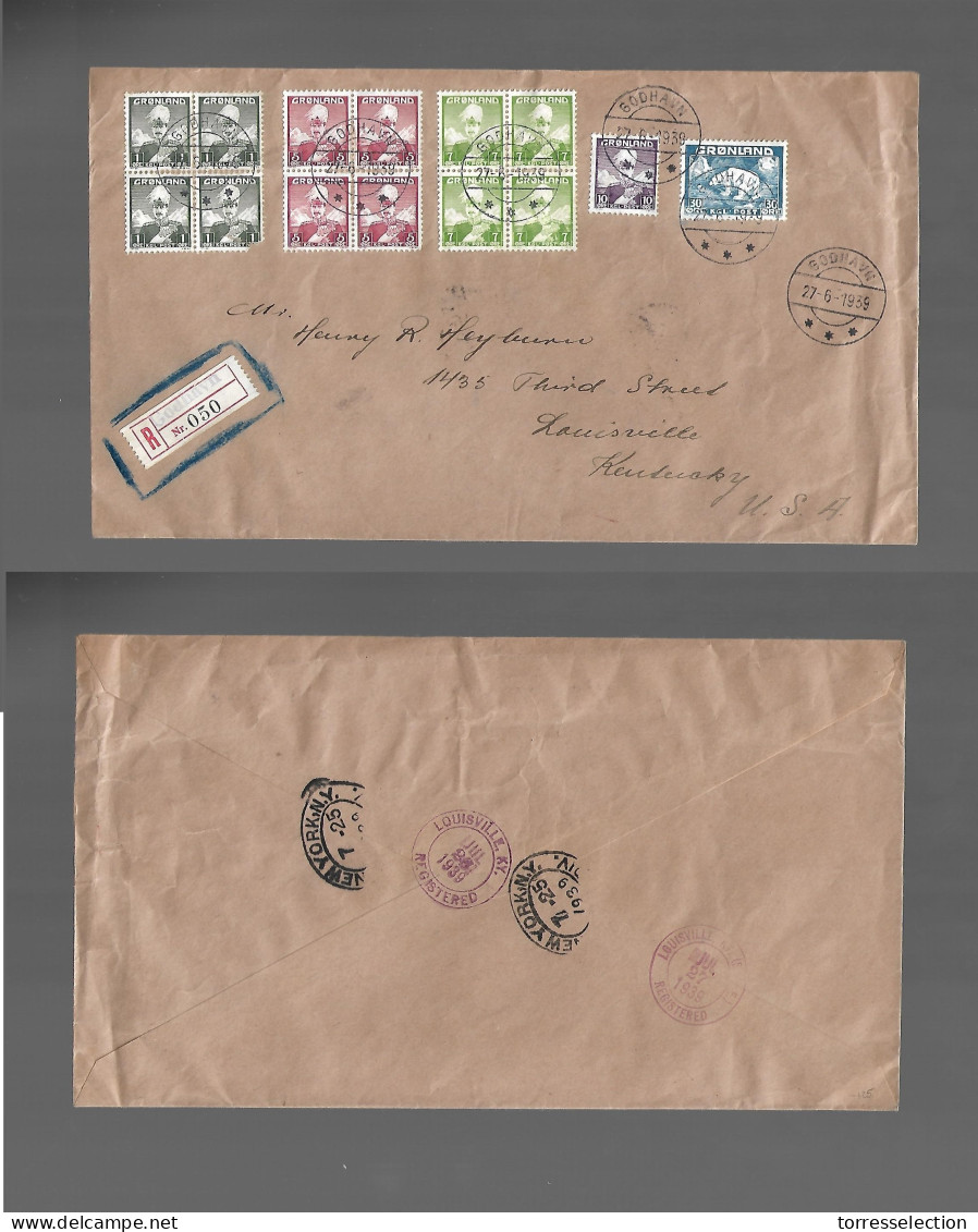 GREENLAND. 1939 (27 June) Godhaven - USA, KY, Louisville (25-26 July) Registered Multifkd Envelope. Fine Usage Before WW - Sonstige & Ohne Zuordnung