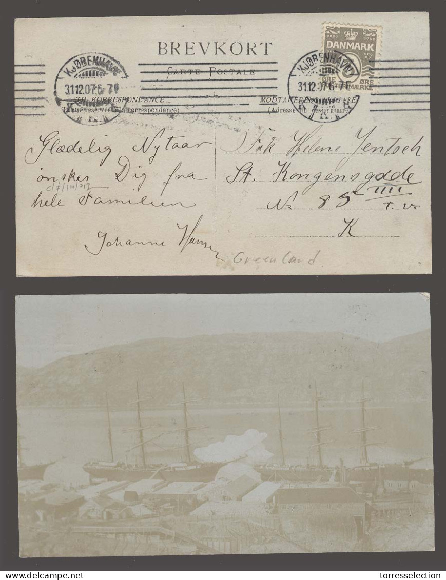 GREENLAND. 1907. Greenland Photo View Postcard Ships At Bay Port With Icebergs Fkd 3ore Grey Cancelled Kopenhagen 31 Dec - Sonstige & Ohne Zuordnung