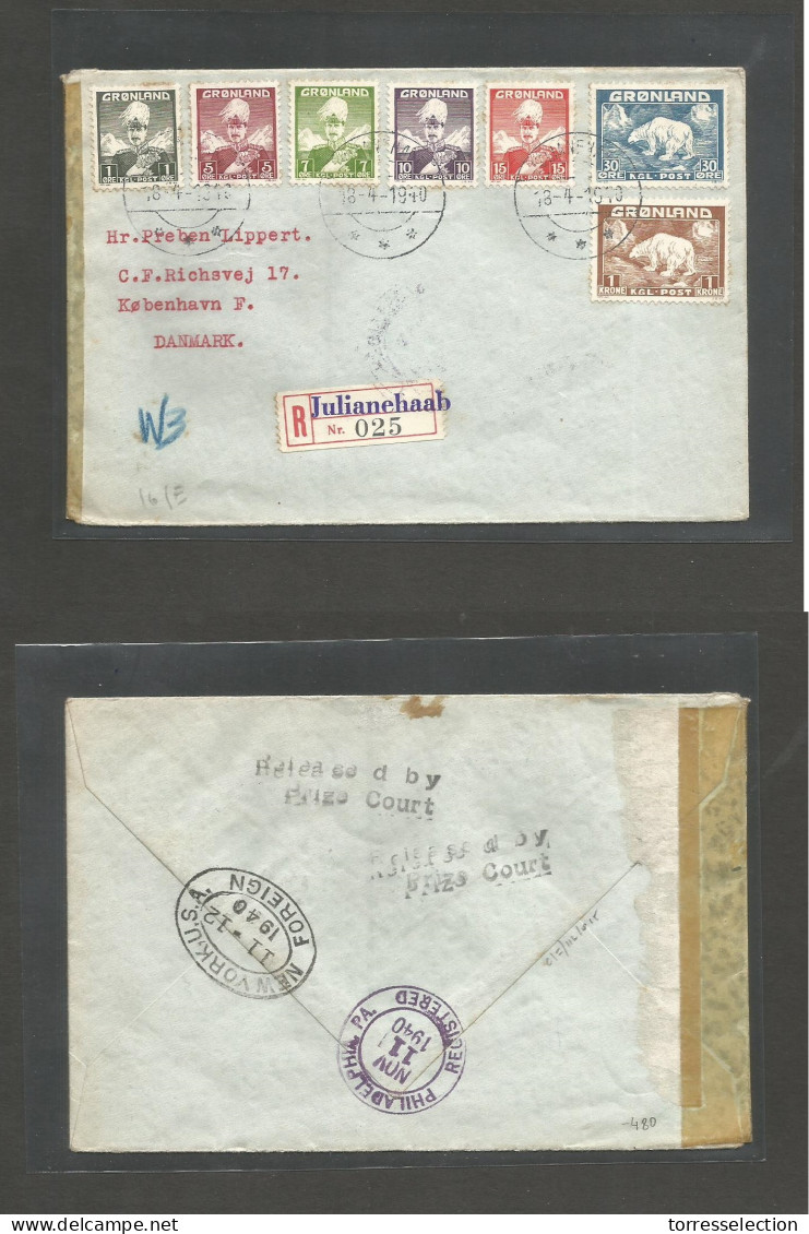 GREENLAND. 1940 (18 April) Julianehaab - Denmark, Kopenhagen. Registered Multifkd + Depart Censored Envelope Via Philade - Sonstige & Ohne Zuordnung