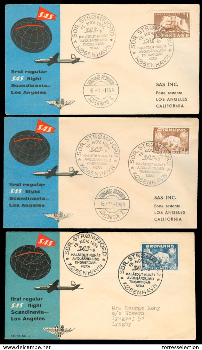 GREENLAND. 1954 (15 Nov). SAS Flight. Stromfjord - USA. 3 Diff Envs Fkd Single Stamps. Fine Trio. - Sonstige & Ohne Zuordnung