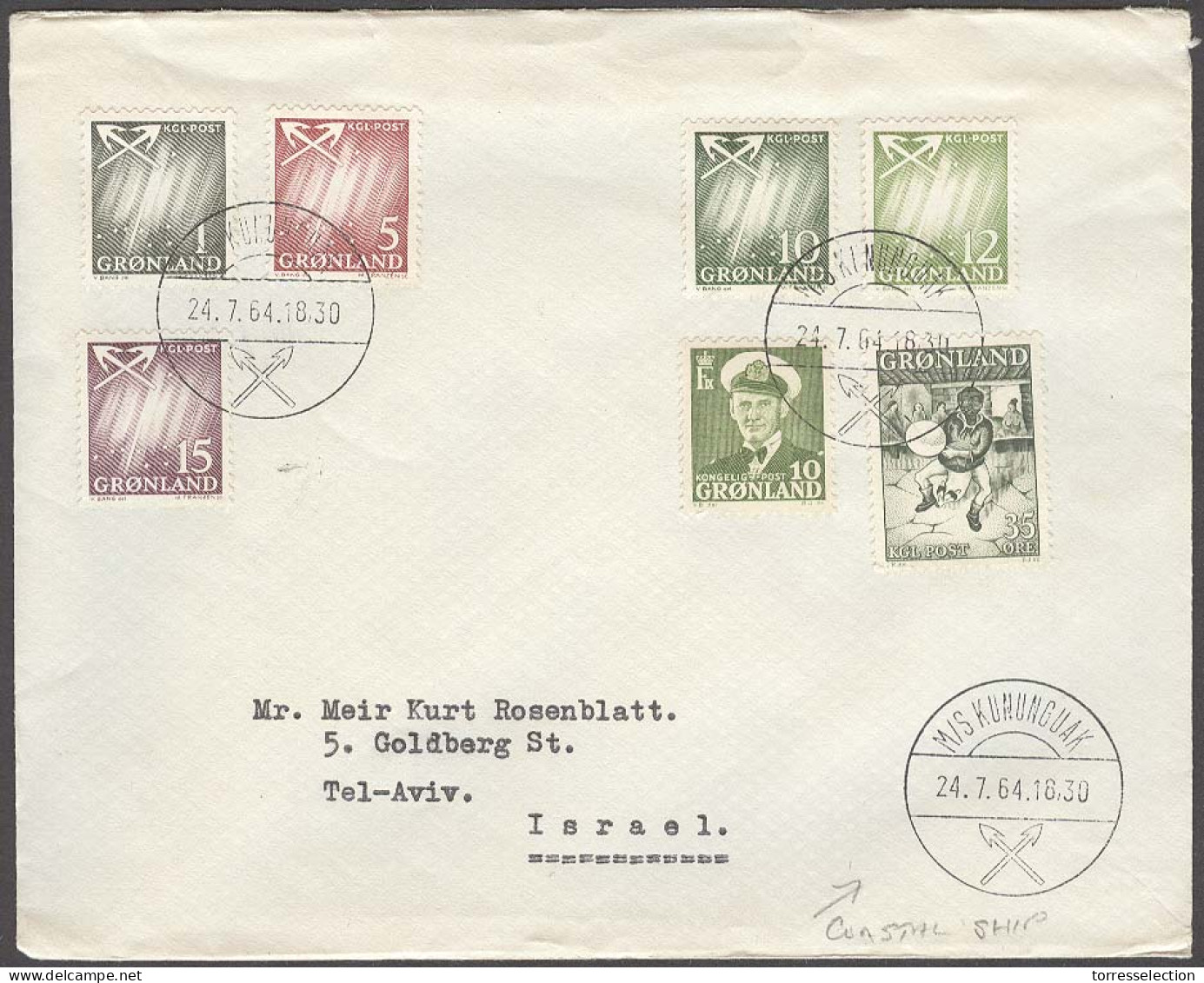 GREENLAND. 1964 (24 July). Multifkd Env To Tel Aviv / Israel With Coastal Ship Cancel M/S Kununguak. Fine. - Sonstige & Ohne Zuordnung