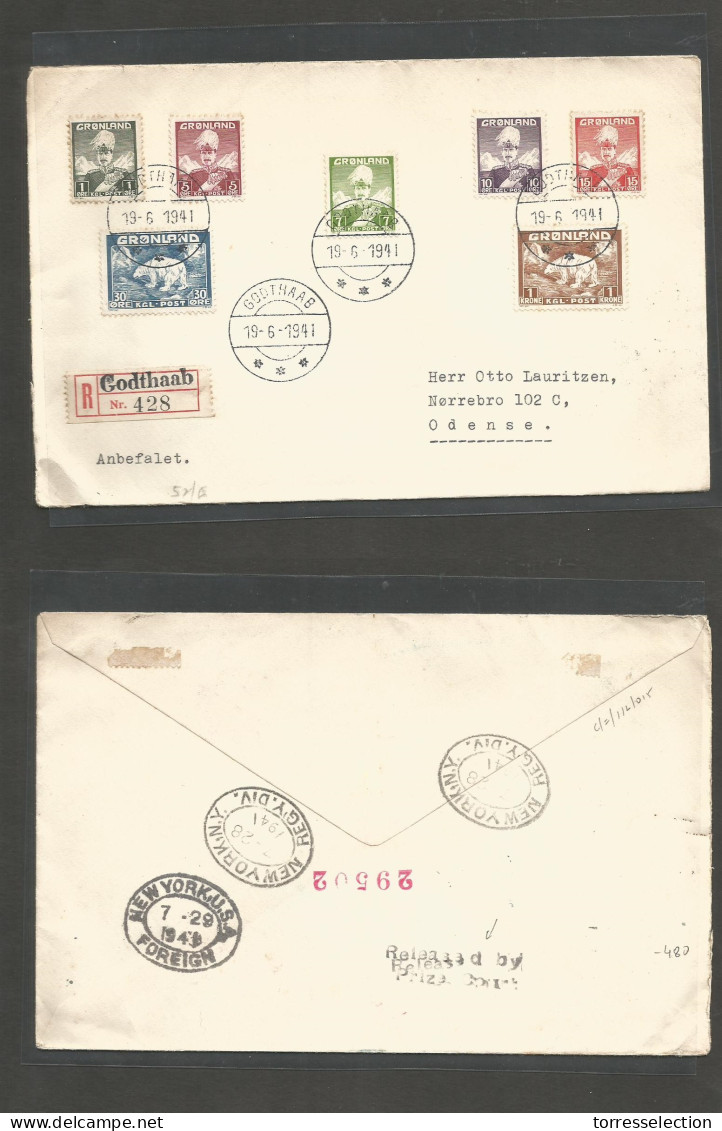 GREENLAND. 1941 (19 June) Godthaab - Odense, Denmark. Via NYC (28-29 July) Registered Mutlifkd Env With Reverse Cachet " - Sonstige & Ohne Zuordnung