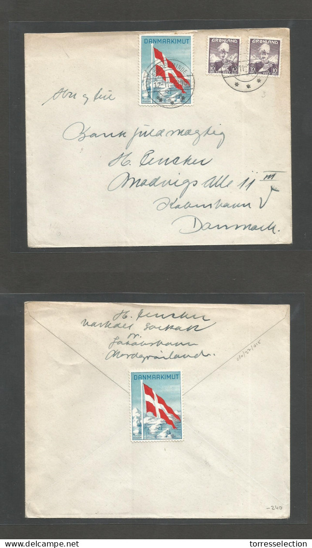 GREENLAND. 1945 (12 Nov) Egedesminde - Denmark, Kopenhagen. Fkd Env + Special Patriotic Color Label, Tied Cds With Flag  - Sonstige & Ohne Zuordnung