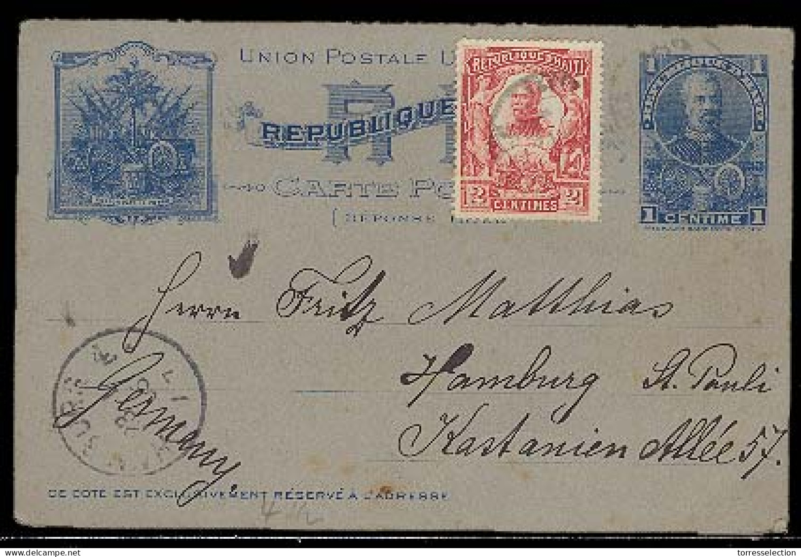 HAITI. 1905. Port Prince - Germany. Stat Card + Adtl. - Haiti