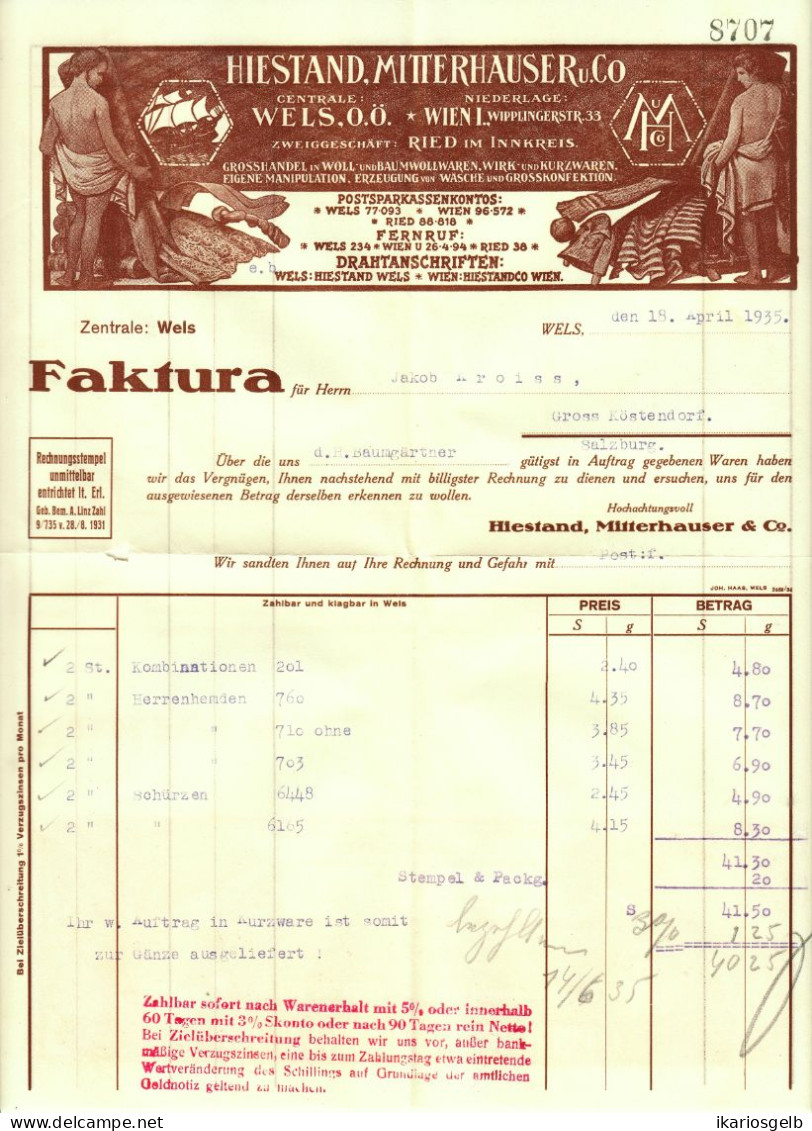 WELS + Ried Innkreis Österreich 1935 Deko Farbige Rechnung Hiestand,Mitterhauser & Co Textilwarenfabrik - Oostenrijk