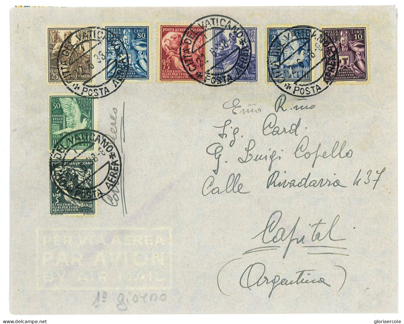 P2741 - VATICANO PA 1/8 22.6.1938 SU BUSTA FDC INDIRIZZATA AL CARDINALE COPELLO, OBISPO DI BUENOS AIRES. - Storia Postale