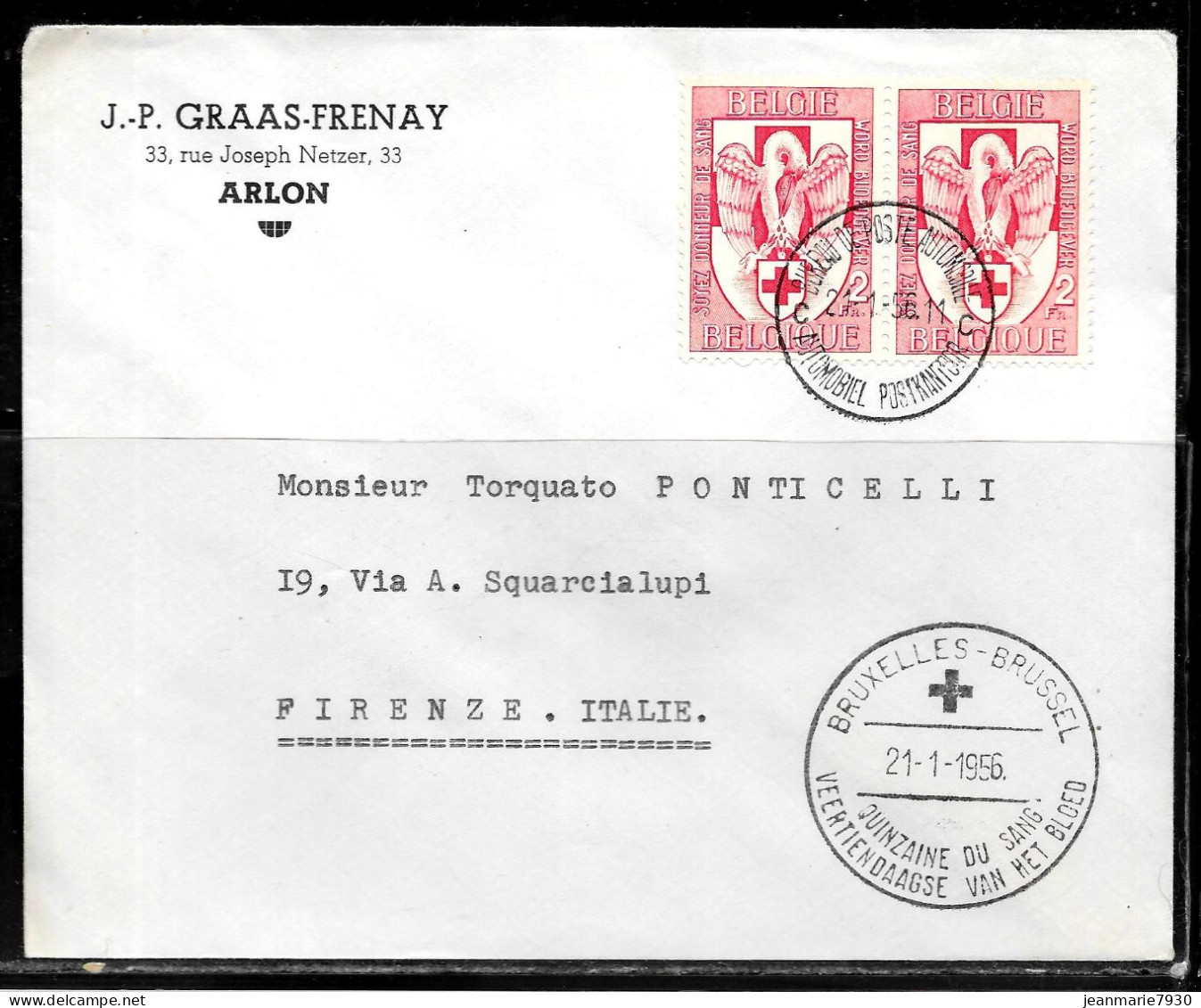 CC101 - BELGIQUE - LETTRE DE BRUXELLES DU 21/01/56 POUR L'ITALIE - Covers & Documents