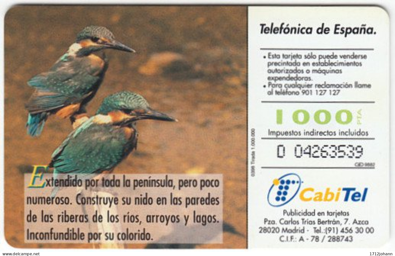 SPAIN A-430 Chip CabiTel - Animal, Bird, Kingfisher - Used - Emissions Basiques