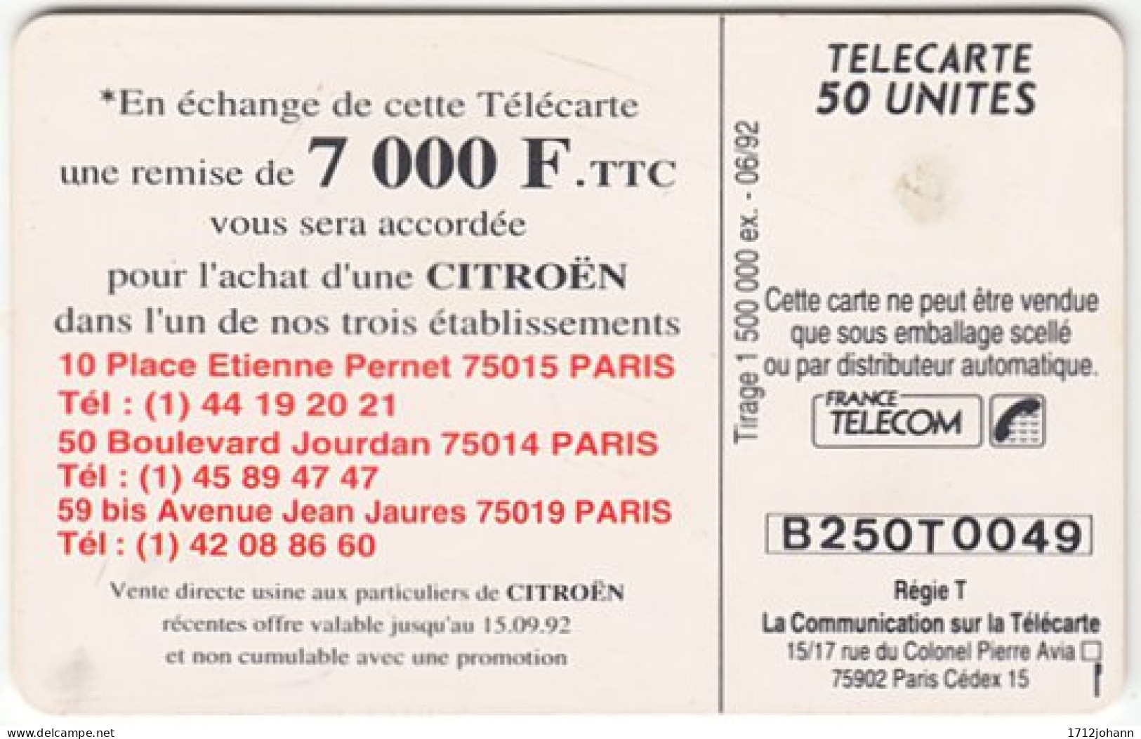 FRANCE C-066 Chip Telecom - Traffic, Car, Citroen - Used - 1992