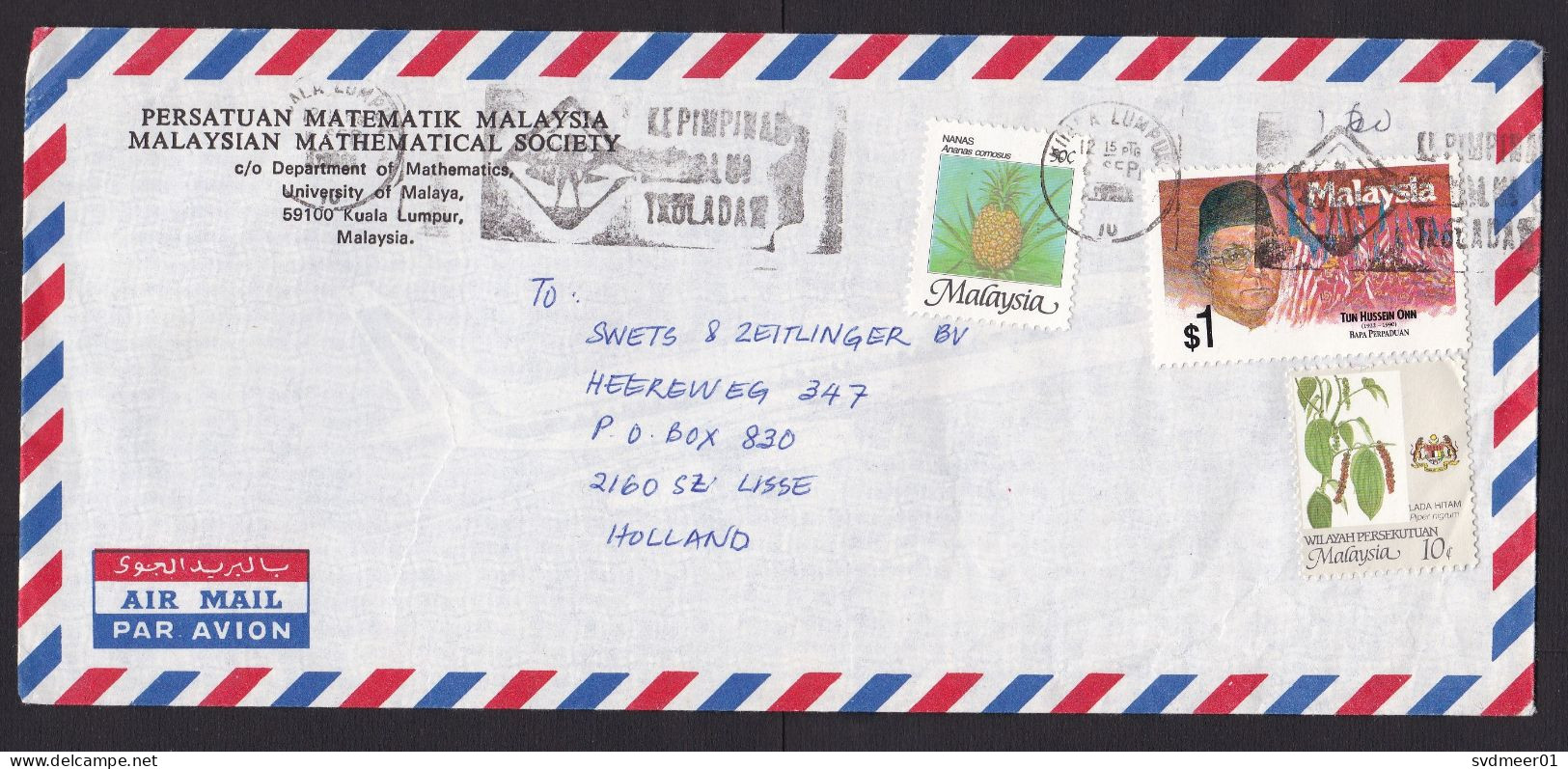 Malaysia: Airmail Cover To Netherlands, 3 Stamps, Fruit, Person, Flag (minor Damage; Creases) - Malaysia (1964-...)