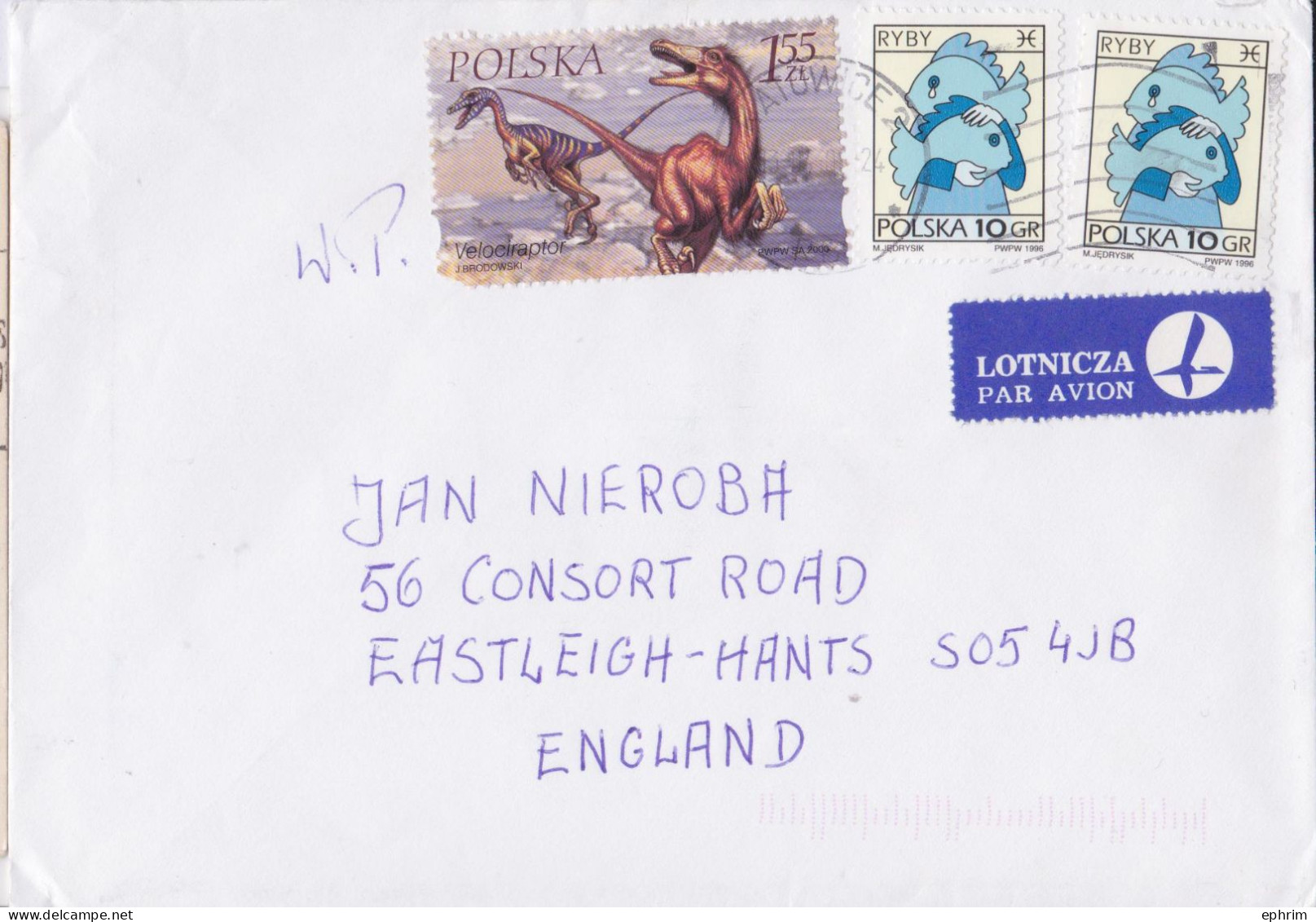 Pologne Poland Polska Katowice Lettre Timbre Dinosaure Velociraptor Dinosaur 2000 Stamp Air Mail Cover - Cartas & Documentos