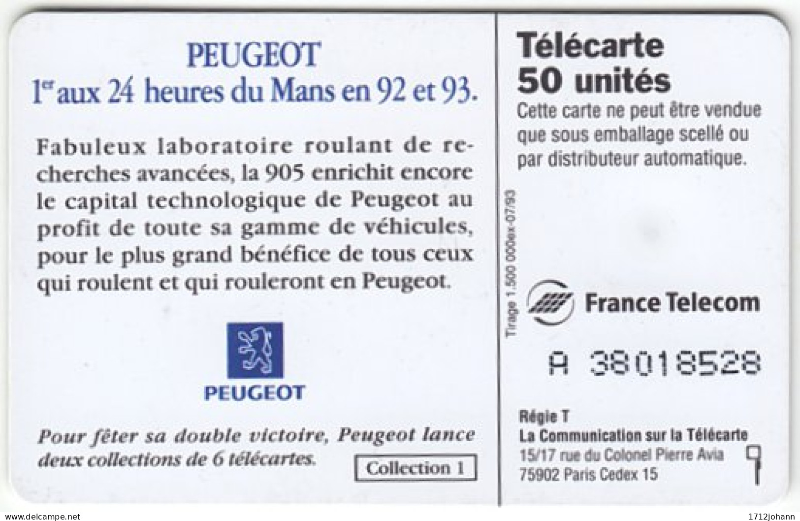 FRANCE C-205 Chip Telecom - Sport, Motor Race, Le Mans, Peugeot - Used - 1993