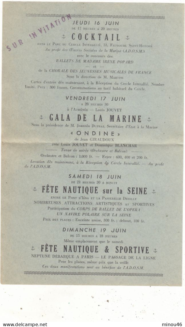 PROGRAMME DE LA SEMAINE DE LA MARINE NATIONALE DU 11 AU 19 JUIN 1949. T.B.ETAT.AVEC NOMBREUSES PERSONNALITES. - Programmes