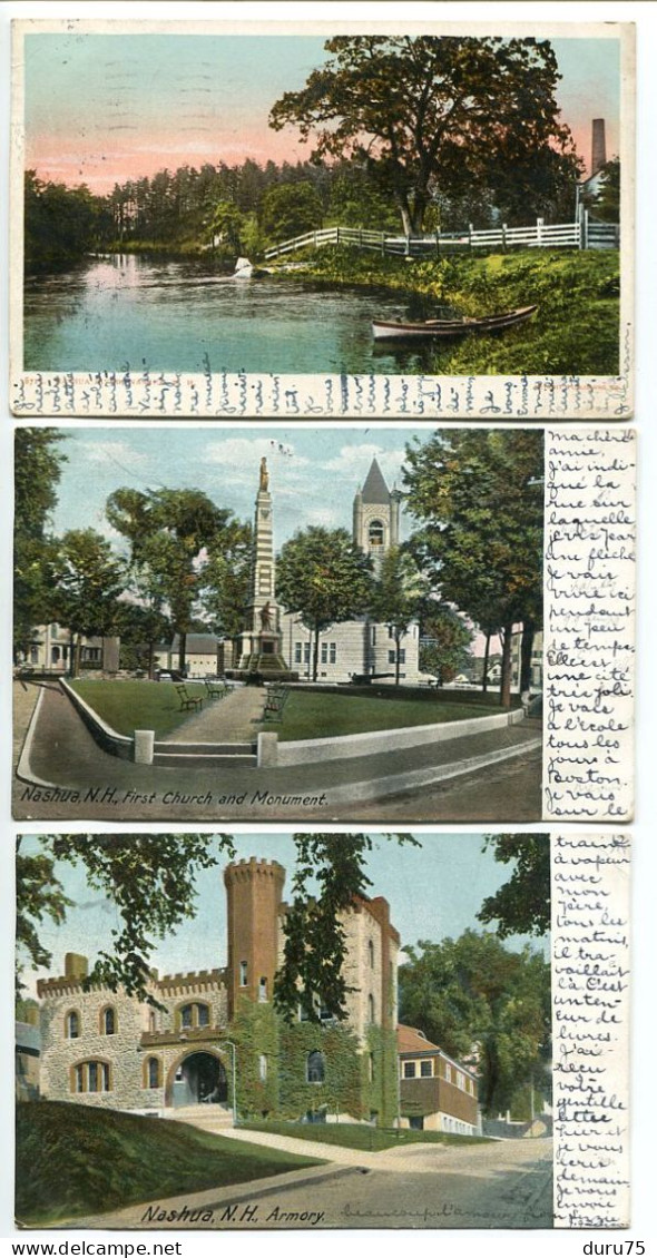 3 CP Voyagé 1905 * NASHUA Nashua River / First Church And Monument / Armory * Dos Simple - Nashua