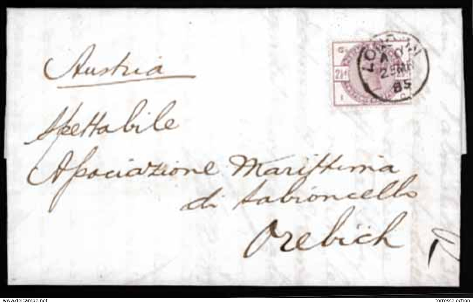 GREAT BRITAIN. 1885. Envelope To Orebich Yugoslavia Bearing SG 190, 2 1/2 Lilac Tied By London Cds Routed Via Spalato Wi - ...-1840 Préphilatélie