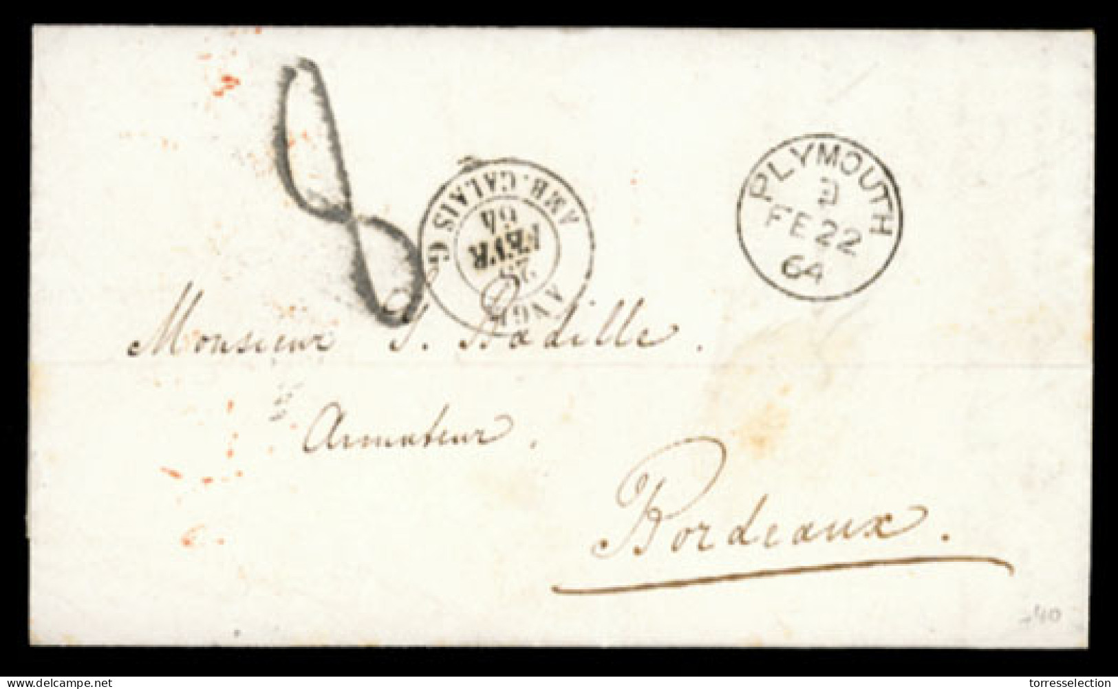 GREAT BRITAIN. 1864. Plymouth To France. EL.diff.nice Marks And Charge. - ...-1840 Vorläufer