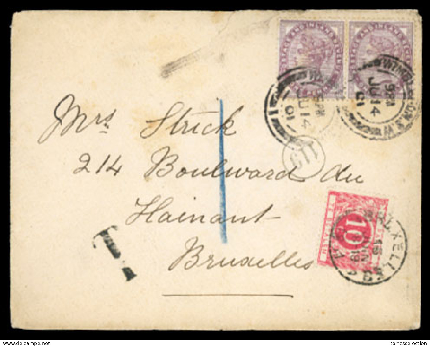 GREAT BRITAIN. 1901. Wimbley To Belgium. Taxed Frkd Env.+postage Due (be==Belgium). F-VF. - ...-1840 Vorläufer