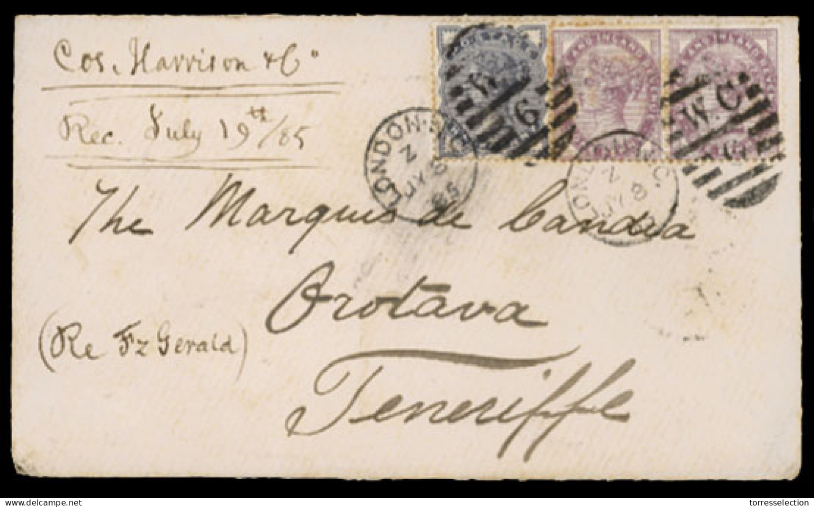 GREAT BRITAIN. 1885. London To Teneriffe/Canary Islands.franked(3 Stamps) Env. F. - ...-1840 Vorläufer