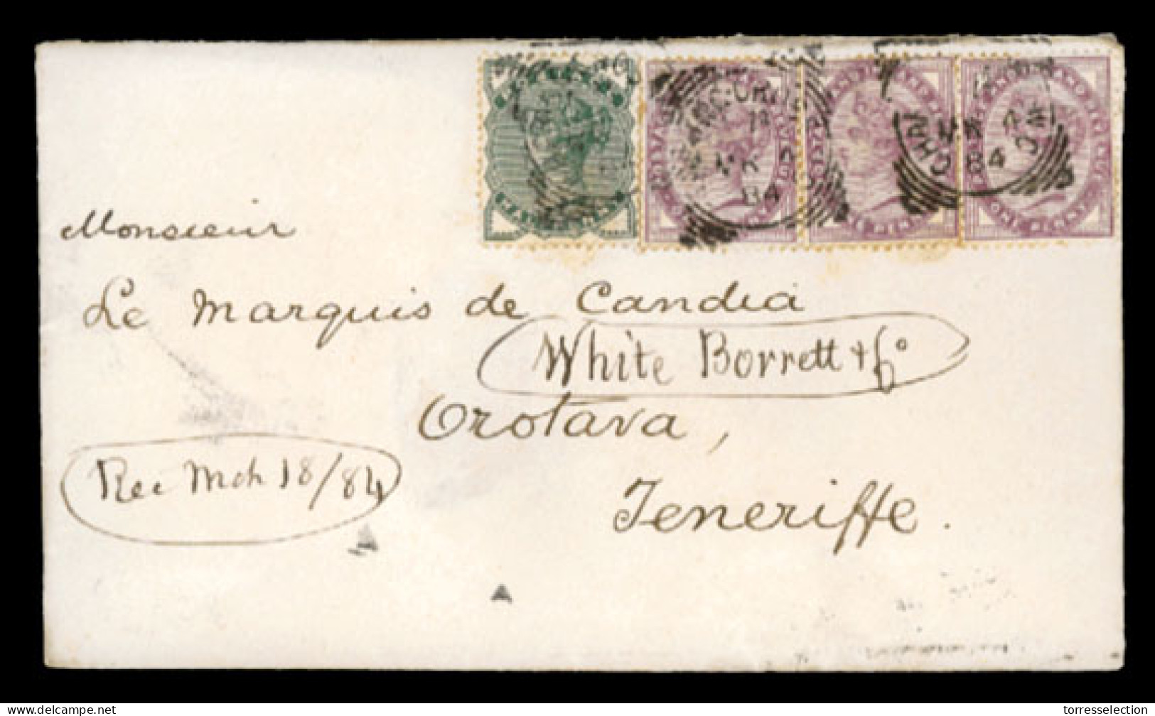 GREAT BRITAIN. 1884. Charing Cross To Teneriffe/Canary Islands Franked Env.(4 Stamps-3 1/2d Rate). - ...-1840 Préphilatélie