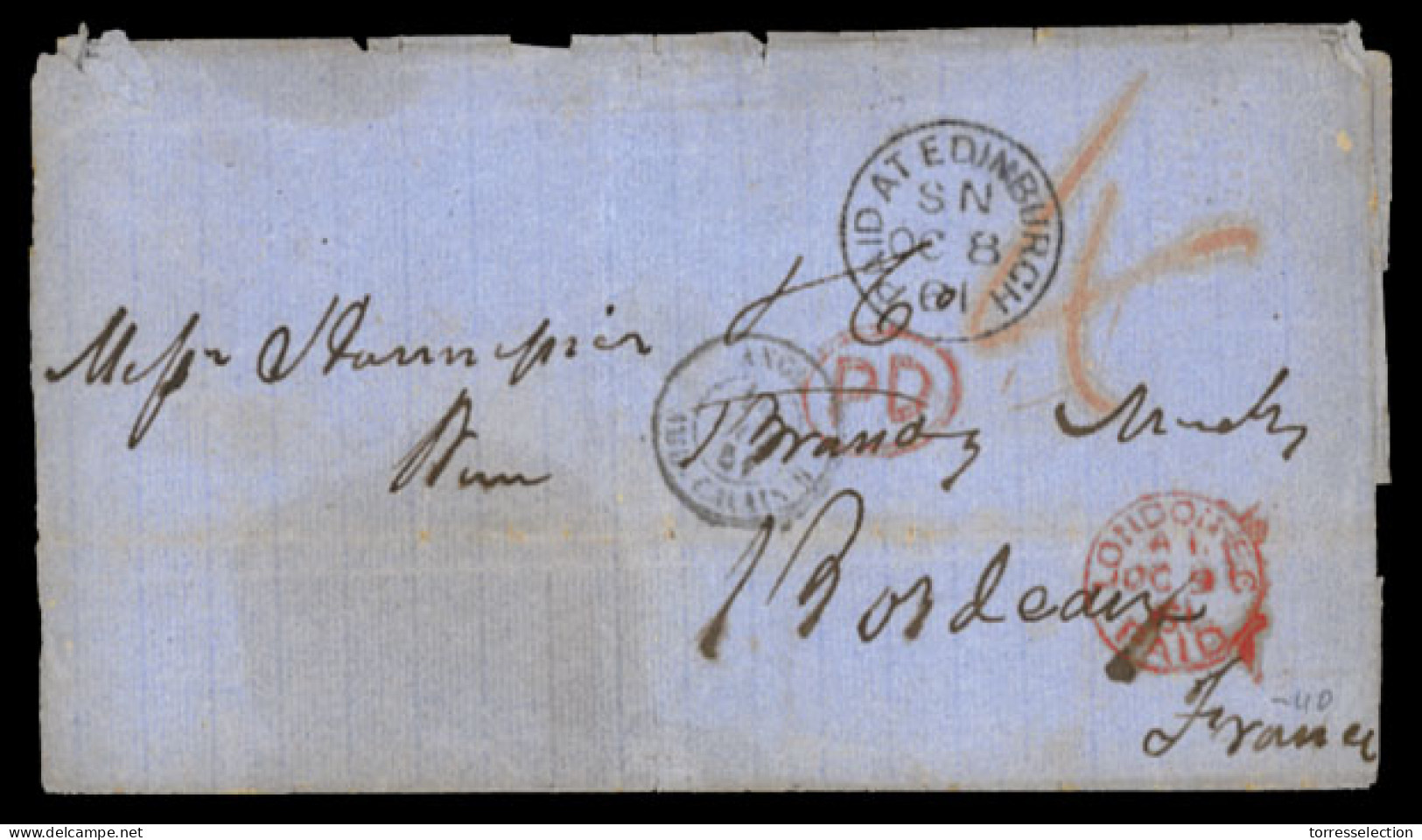 GREAT BRITAIN. 1861. Edimburgh To France. E. Pmk "PAID AT EDIMBURGH" (***). VF. - ...-1840 Préphilatélie