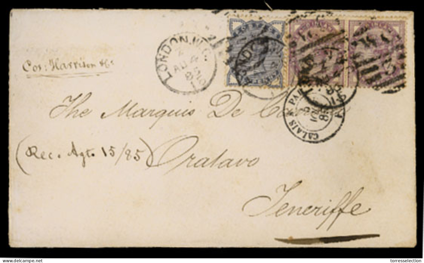 GREAT BRITAIN. 1885. London To Tenerife, Canary Islands. Franked Envelope (3 Stamps). VF. - ...-1840 Préphilatélie