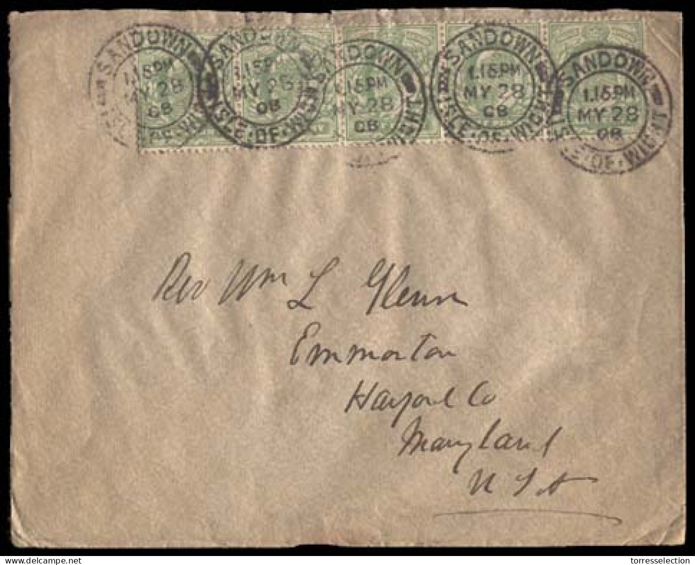 GREAT BRITAIN. 1908 (May 28) Sandown / Isle Of Wight To Emmorton, USA. Envelope Franked Ed VII 1/2 D Green X 5 Horizonta - ...-1840 Préphilatélie