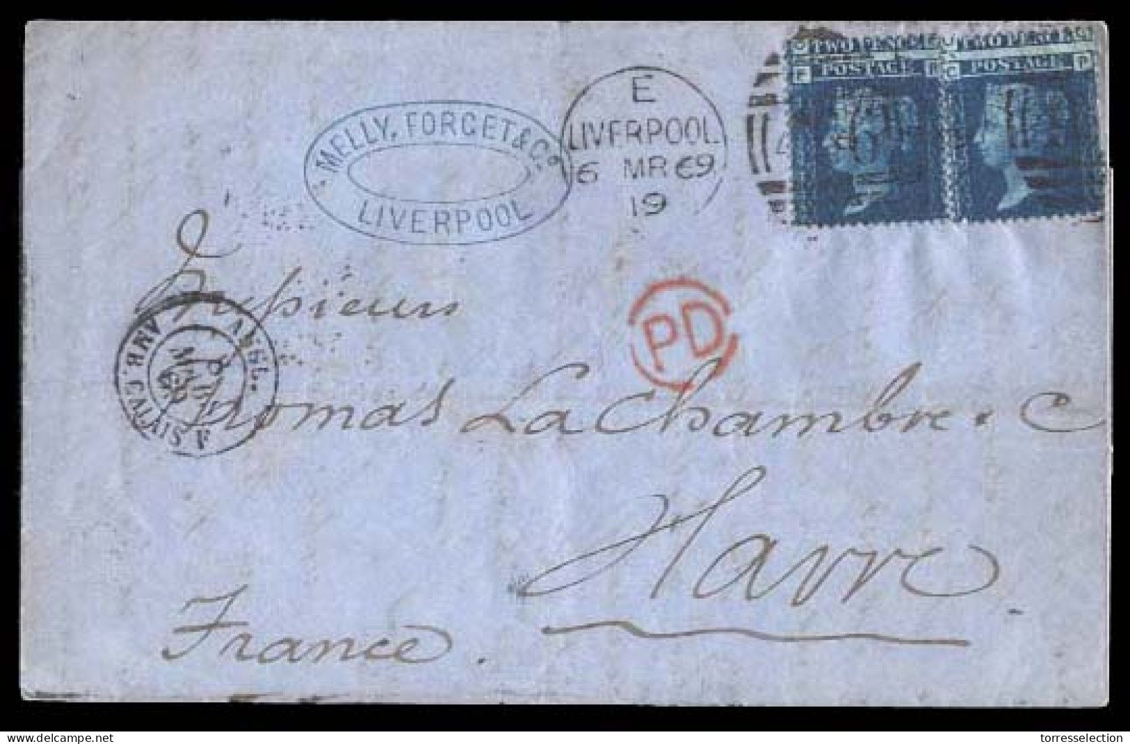 GREAT BRITAIN. 1869 (6 March). GB - FRANCE. Liverpool To Havre. EL Franked 1858 2d Blue, Plate 12 X 2, Tied 466 Grills.  - ...-1840 Préphilatélie